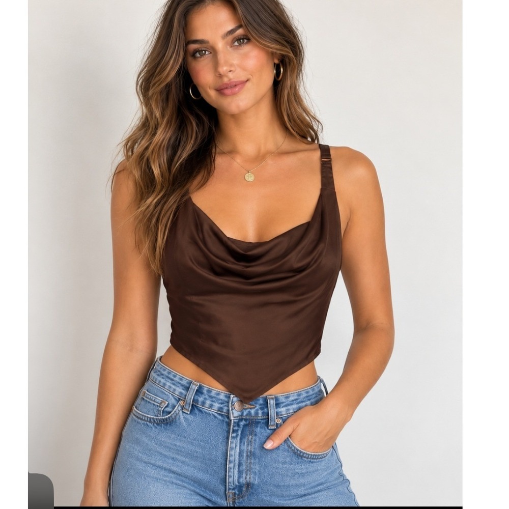 Abercrombie & Fitch Brown Satin Cowl Neck Scarf Top S NWT Chocolate Brown Fall